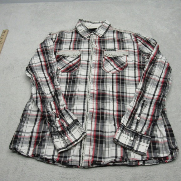 Not Of This World Pearl Snap Shirt Men XL Black Plaid Roll Tab Sleeve Cross - Picture 3 of 15